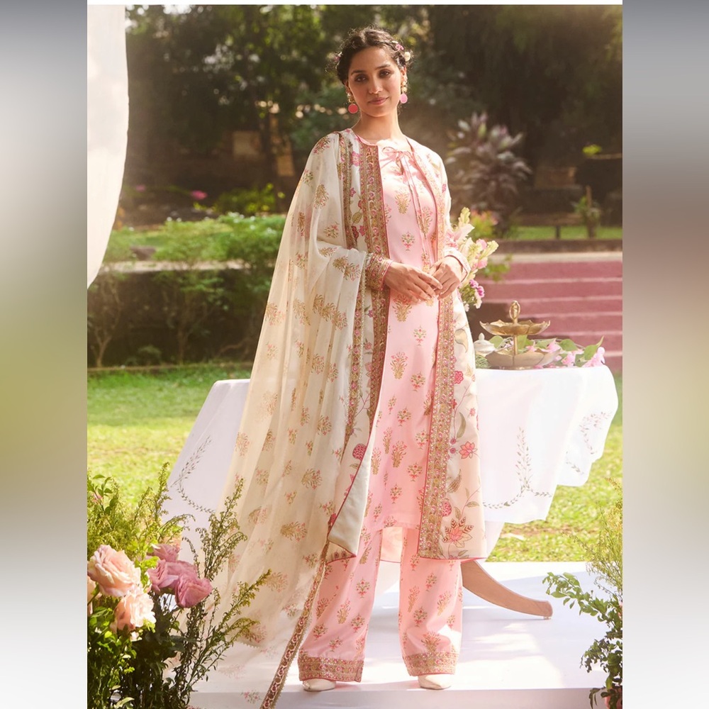 Ivory And Pink Floral Embroidered Pant Set With Jacket
